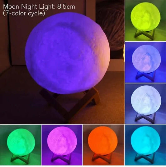 D5 Starry Moon Lamp 8cm LED night light showcasing 7 colors, enhancing bedroom decor and creating a celestial ambiance.