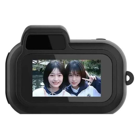 Mini SLR-shaped pocket camera displaying a selfie of two friends, perfect for capturing moments on the go.